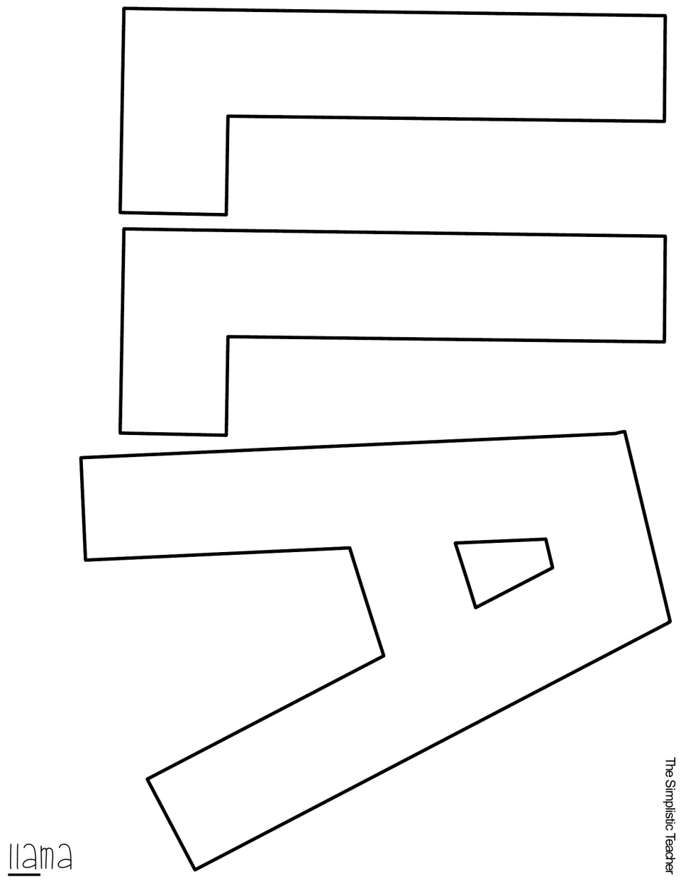 Outline cut-out letters L, L and A, printed sideways, for the first part of the word 'llama' in the door title