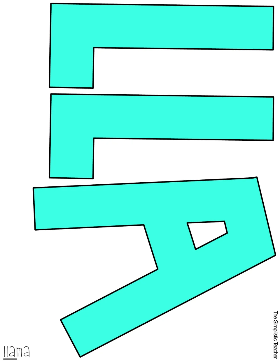 Teal-filled cut-out letters L, L and A, printed sideways, for the colored version of the word 'llama'