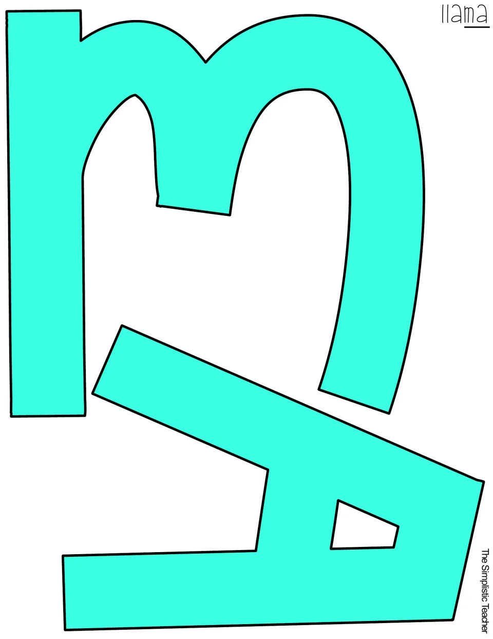Teal-filled cut-out letters M and A, printed sideways, finishing the colored 'llama' title word for the display