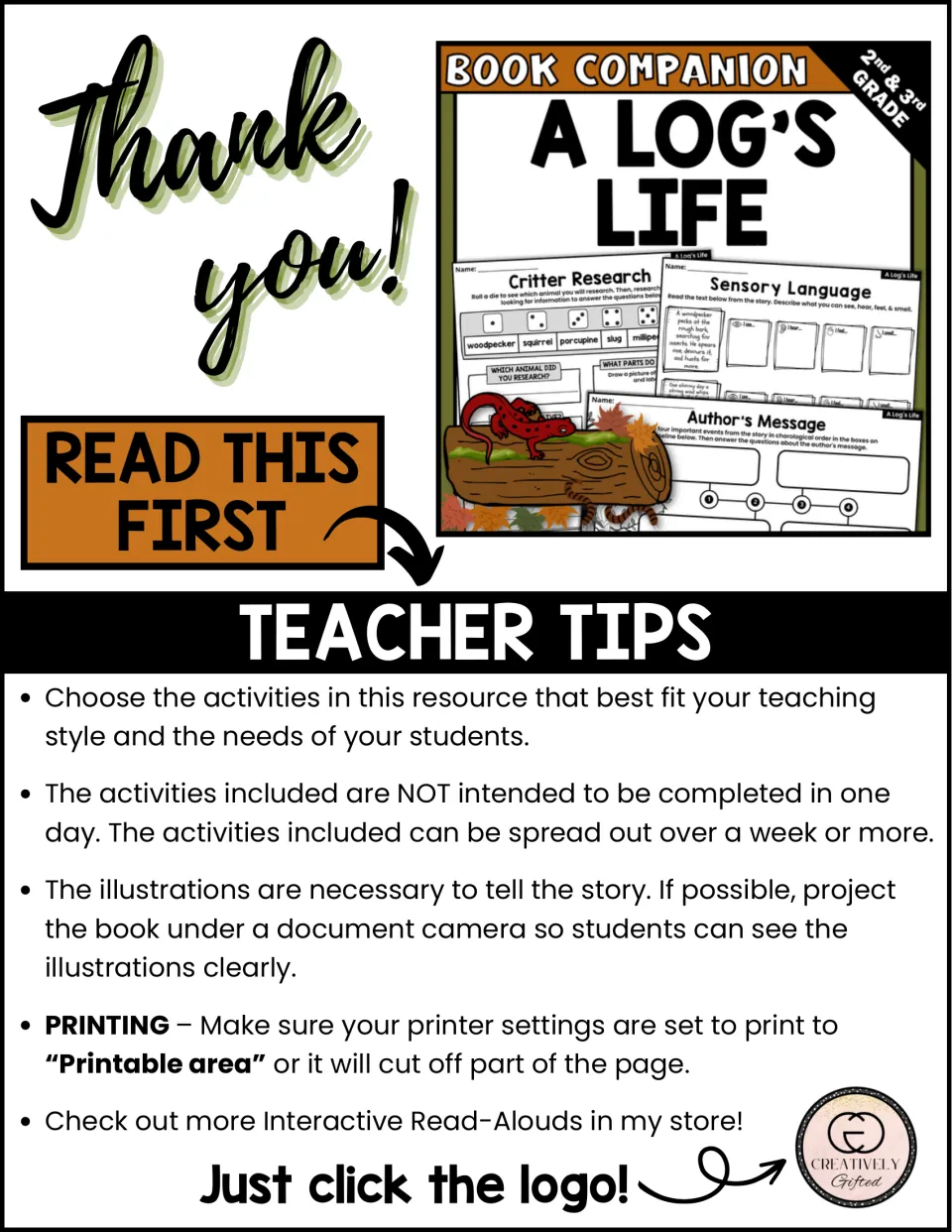 Teacher tips for the book companion cover activity selection, pacing, viewing illustrations, and printing.