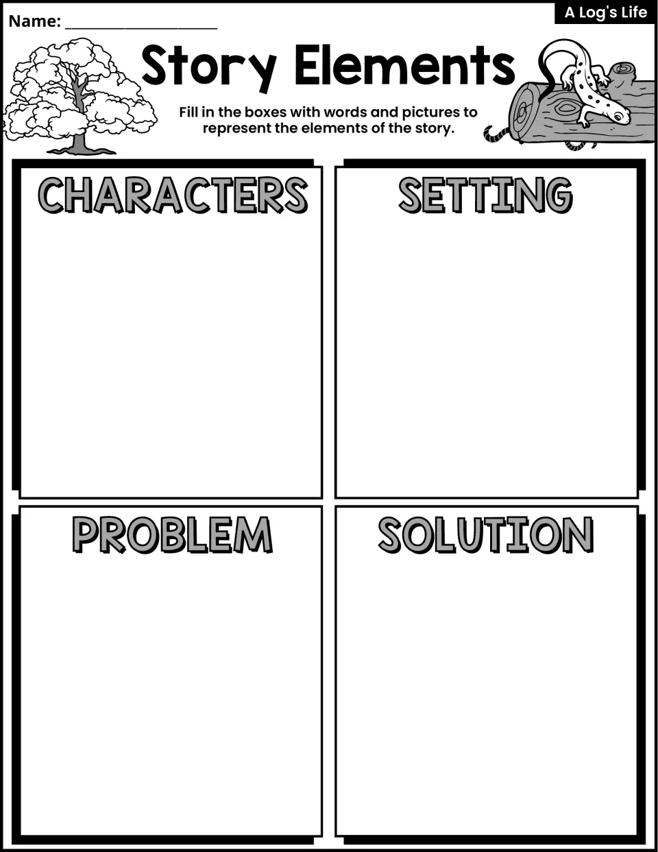 Story Elements activity asks students to use words and pictures for characters, setting, problem, and solution.