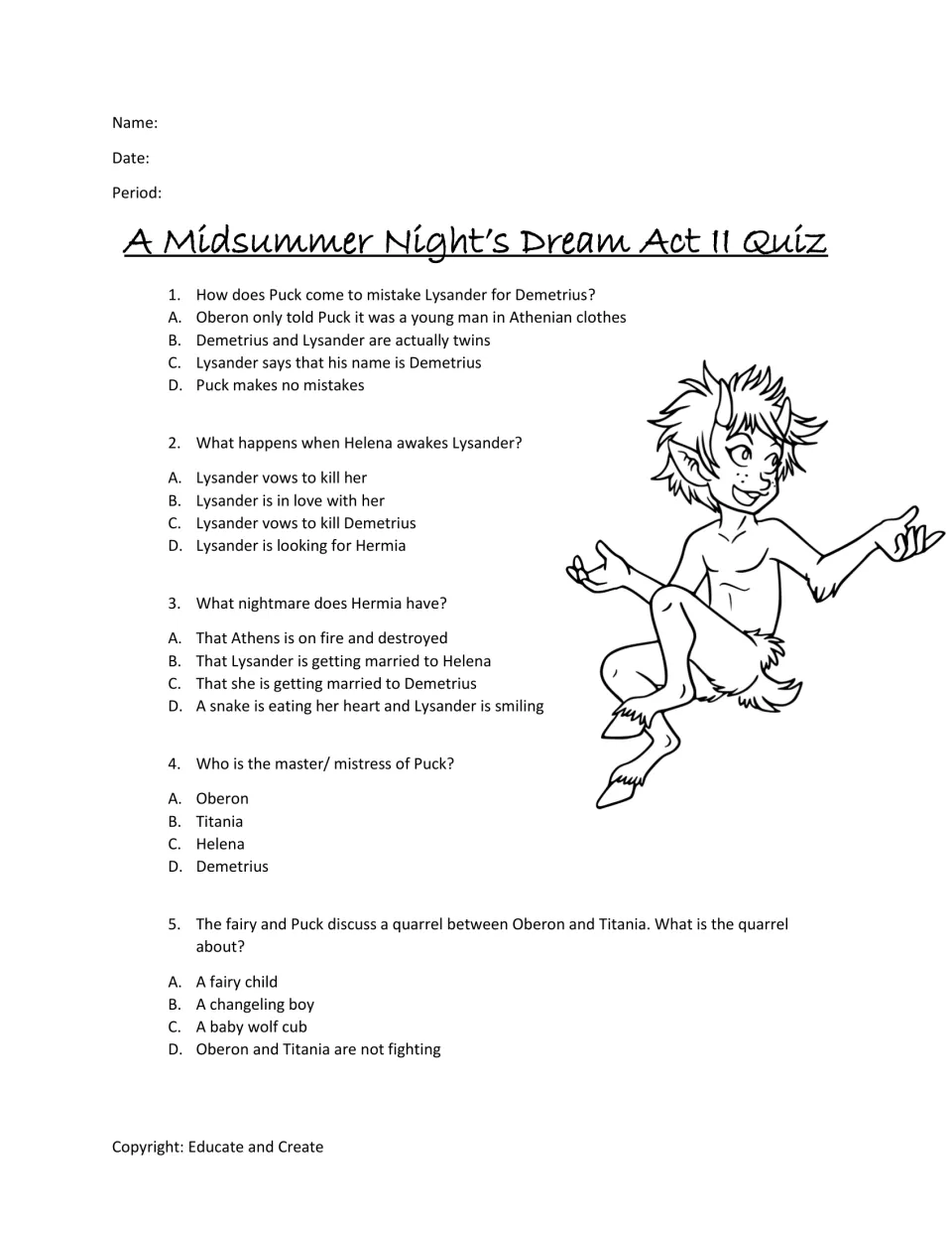 Act II quiz: five multiple-choice questions on Puck, Lysander, Hermia's nightmare and the changeling boy quarrel