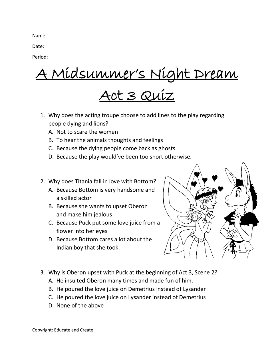 Midsummer Act 3 quiz: students answer multiple-choice questions 1-3 on the lion lines, Titania and Bottom, and Puck's mix-up