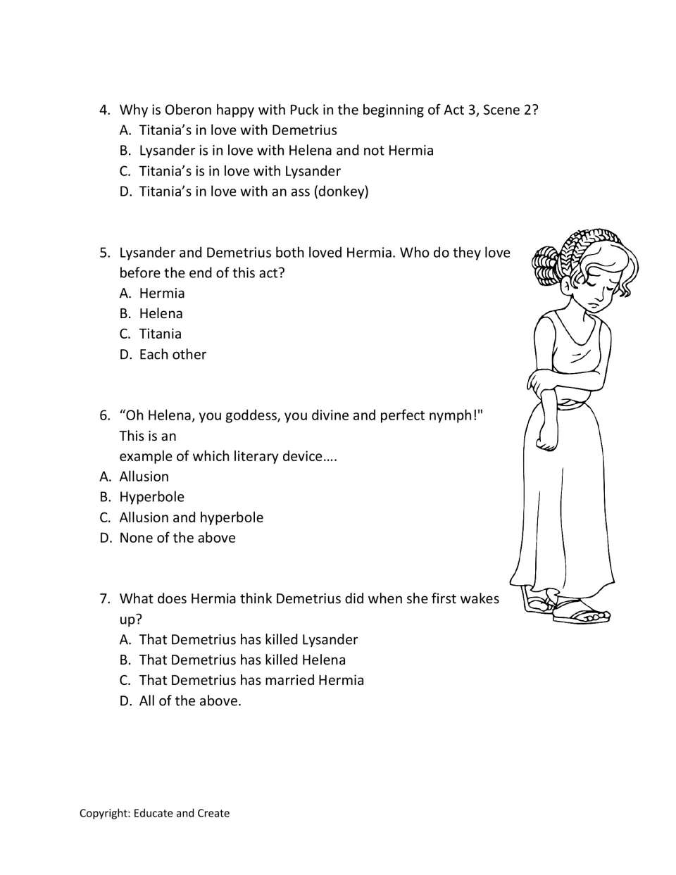 Act 3 plot and literary devices: students answer multiple-choice questions 4-7 on Oberon, the lovers, hyperbole and Hermia