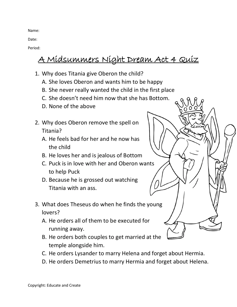 Act 4 multiple-choice questions 1-3: students answer why Titania gives up the child and what Theseus does with the lovers