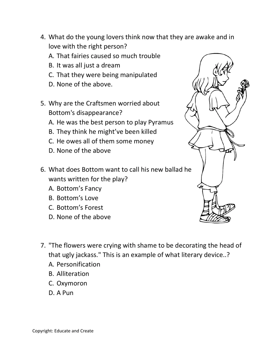 Act 4 questions 4-7: students recall the waking lovers and Bottom's ballad, then name a literary device in a quote