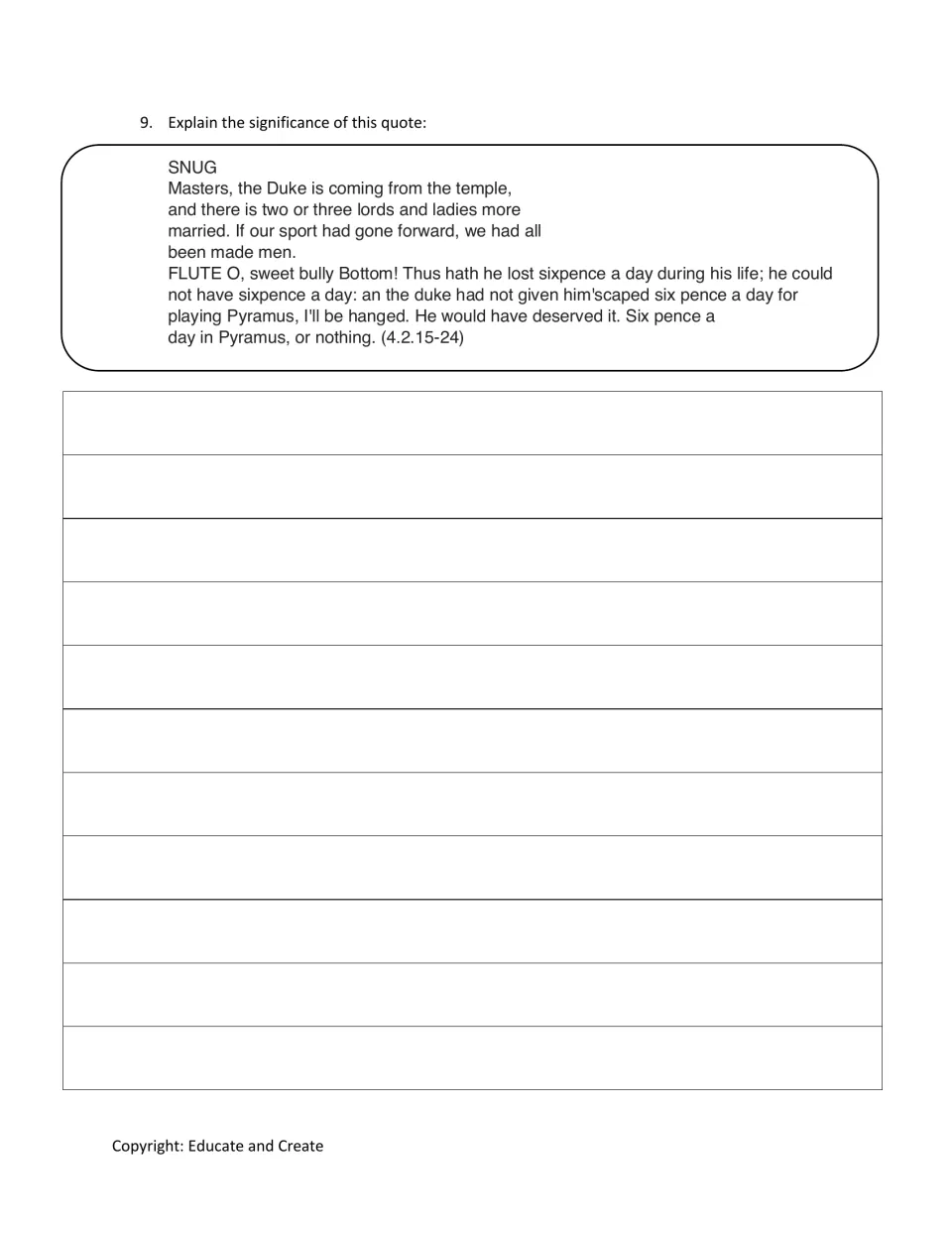 Snug and Flute quote (4.2.15-24): students write the significance of the craftsmen's lost chance to perform Pyramus