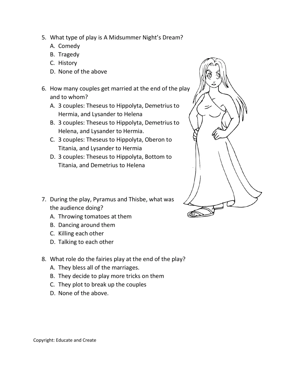 Act 5 quiz, questions 5-8: multiple choice on genre, the three weddings, the audience at Pyramus and Thisbe and the fairies