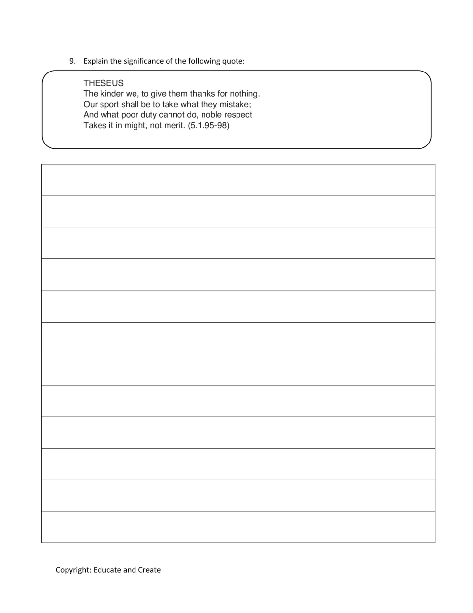 Quote analysis, question 9: students explain Theseus's lines 'The kinder we, to give them thanks for nothing' (5.1.95-98)
