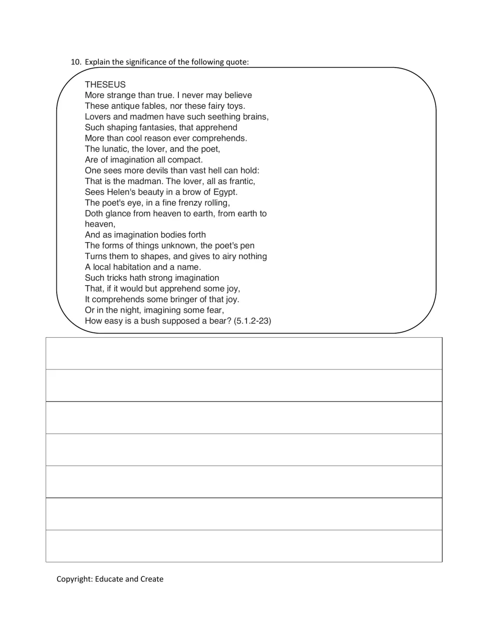 Quote analysis, question 10: students explain Theseus's speech on the lunatic, the lover and the poet, Act 5 lines 2-23