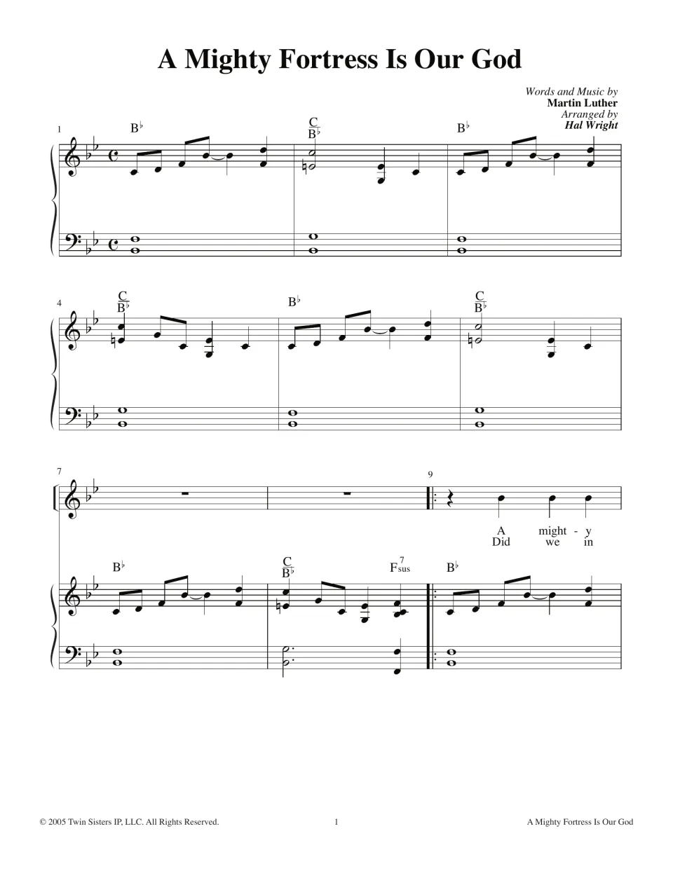 A Mighty Fortress Is Our God by Martin Luther, arranged by Hal Wright: piano intro in B-flat, bars 1-9, with chords