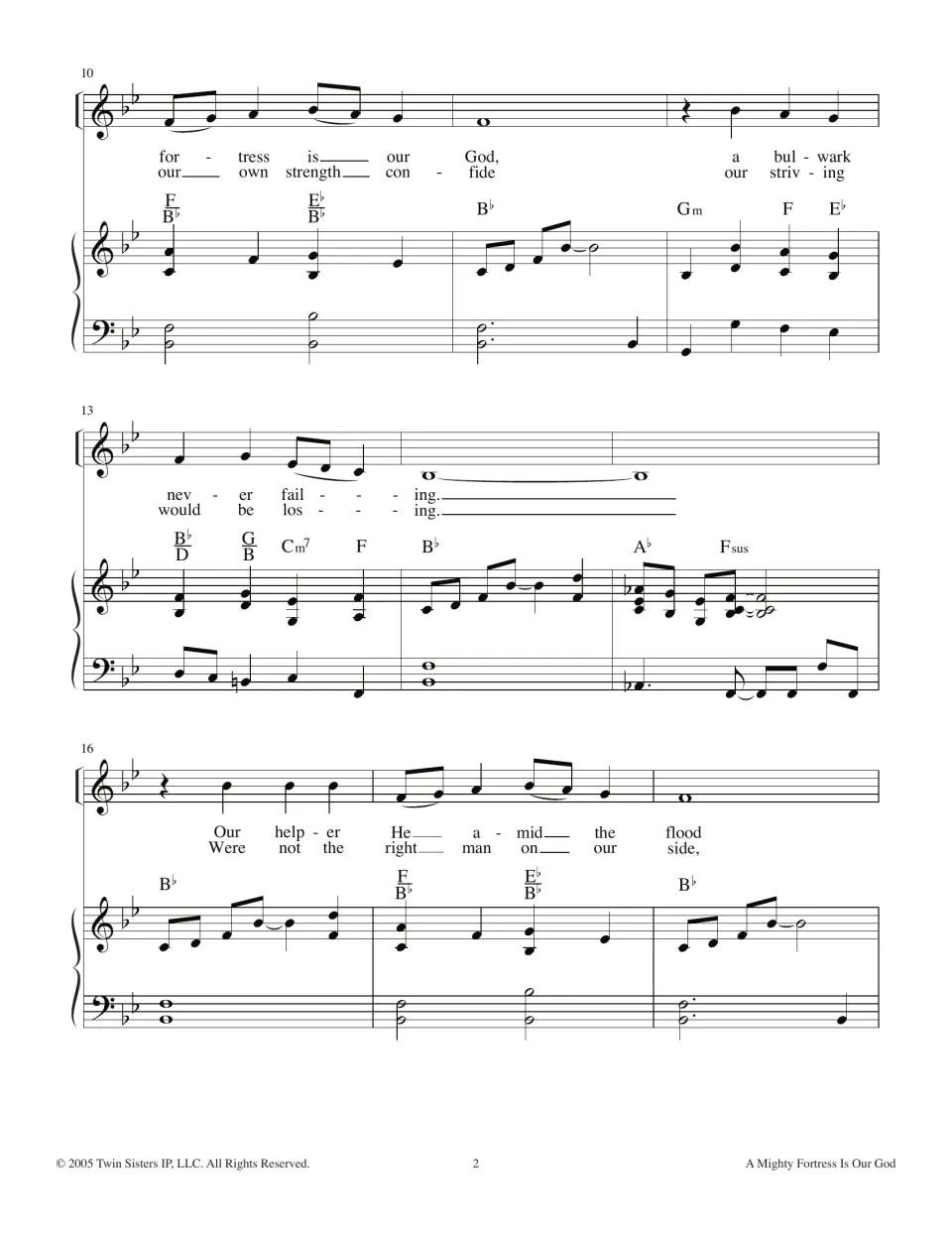 Hymn score, bars 10-18: verse lyrics 'fortress is our God, a bulwark never failing' over piano part and chord symbols