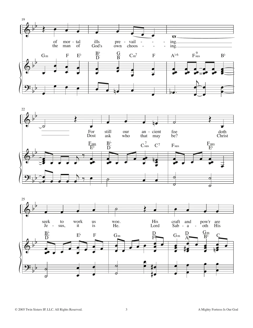 Hymn bars 19-27: lyrics from 'of mortal ills prevailing' to 'His craft and pow'r are' sung over piano accompaniment
