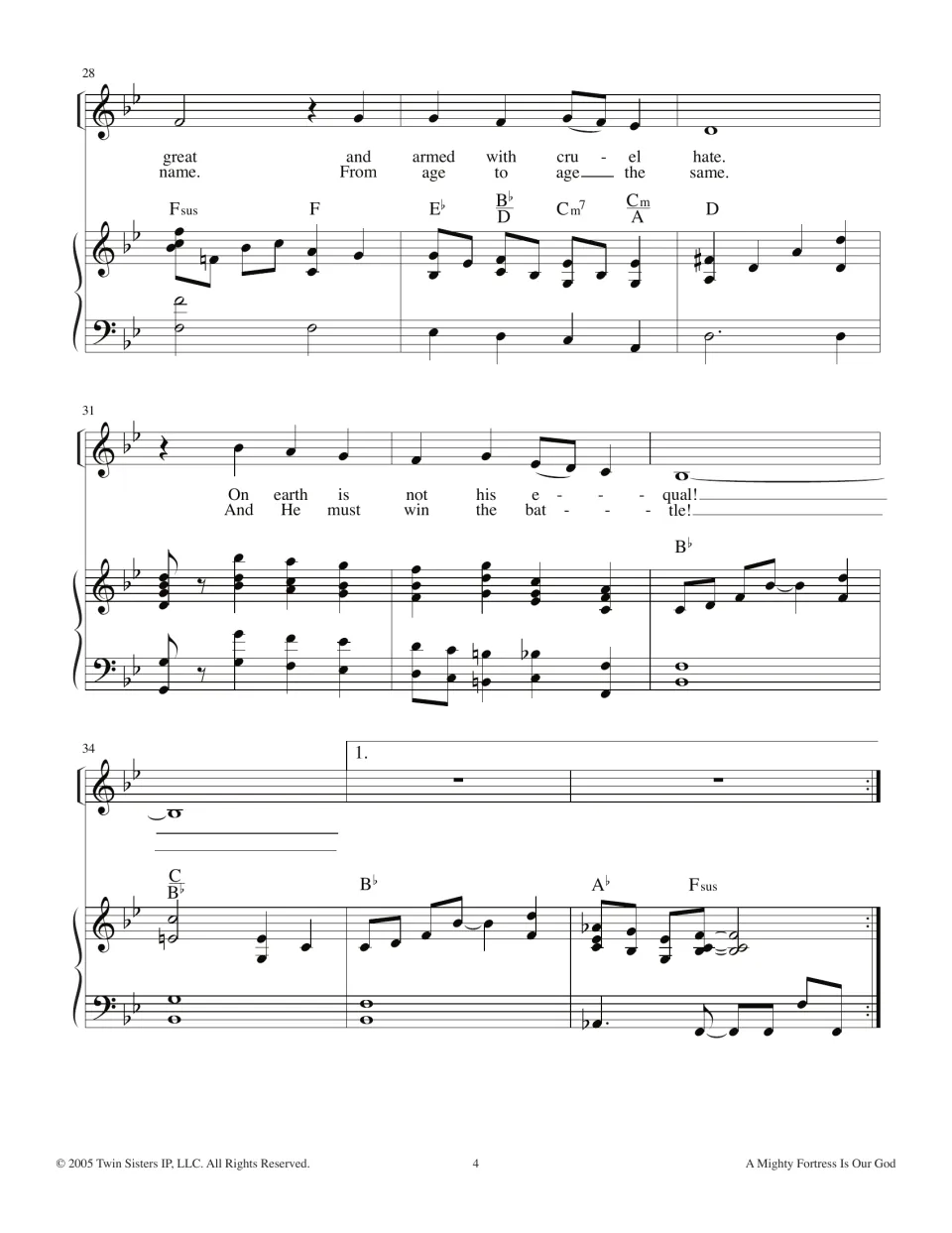 Hymn bars 28-36: lyrics 'armed with cruel hate' and 'On earth is not his equal!' ending at a first ending and repeat