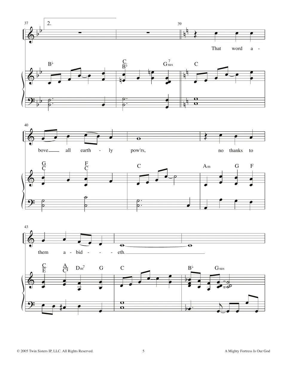 Bars 37-45: second ending, then a key change to C as the voice sings 'That word above all earthly pow'rs' with piano
