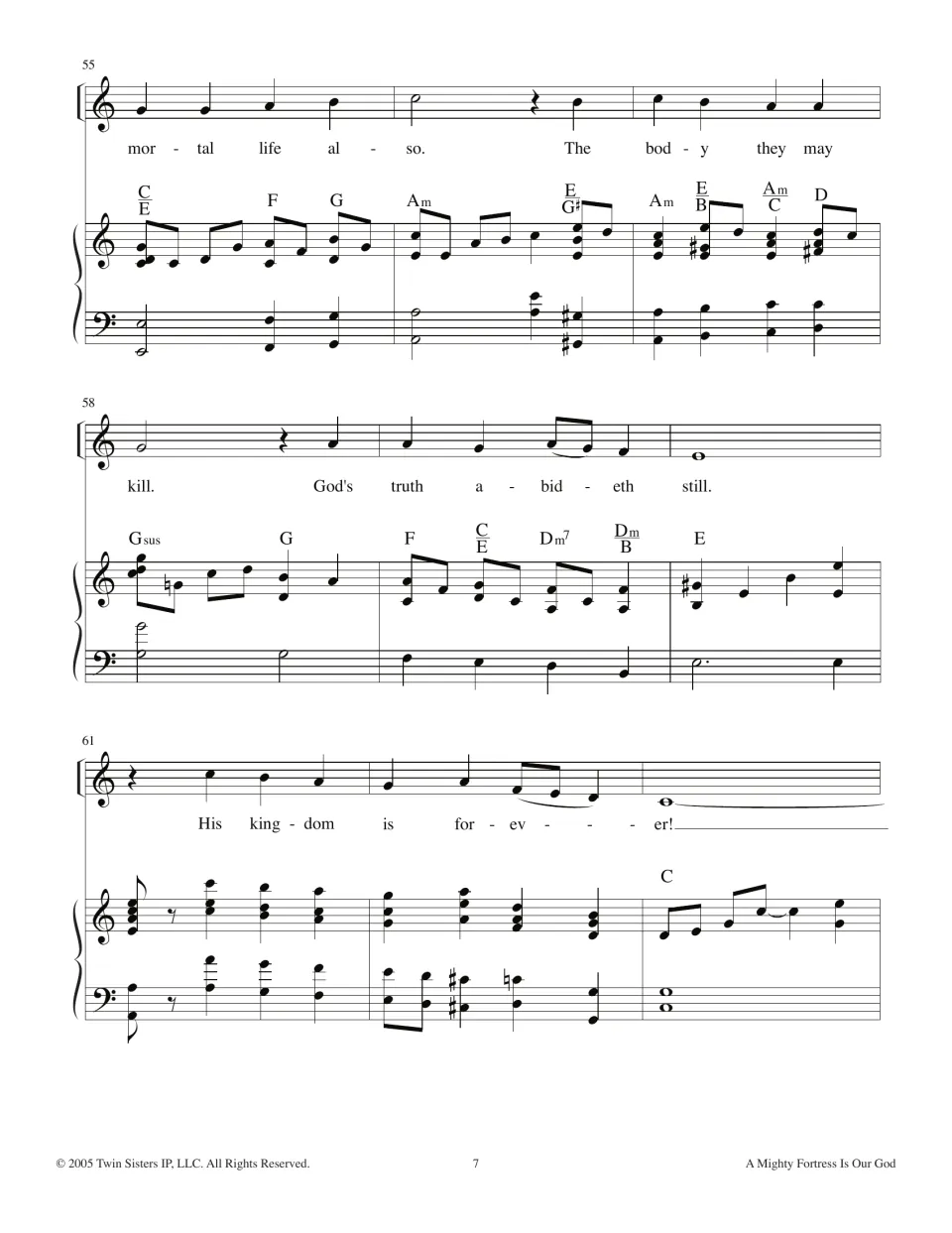 Hymn bars 55-63: lyrics 'mortal life also', 'God's truth abideth still' and 'His kingdom is forever!' with piano chords