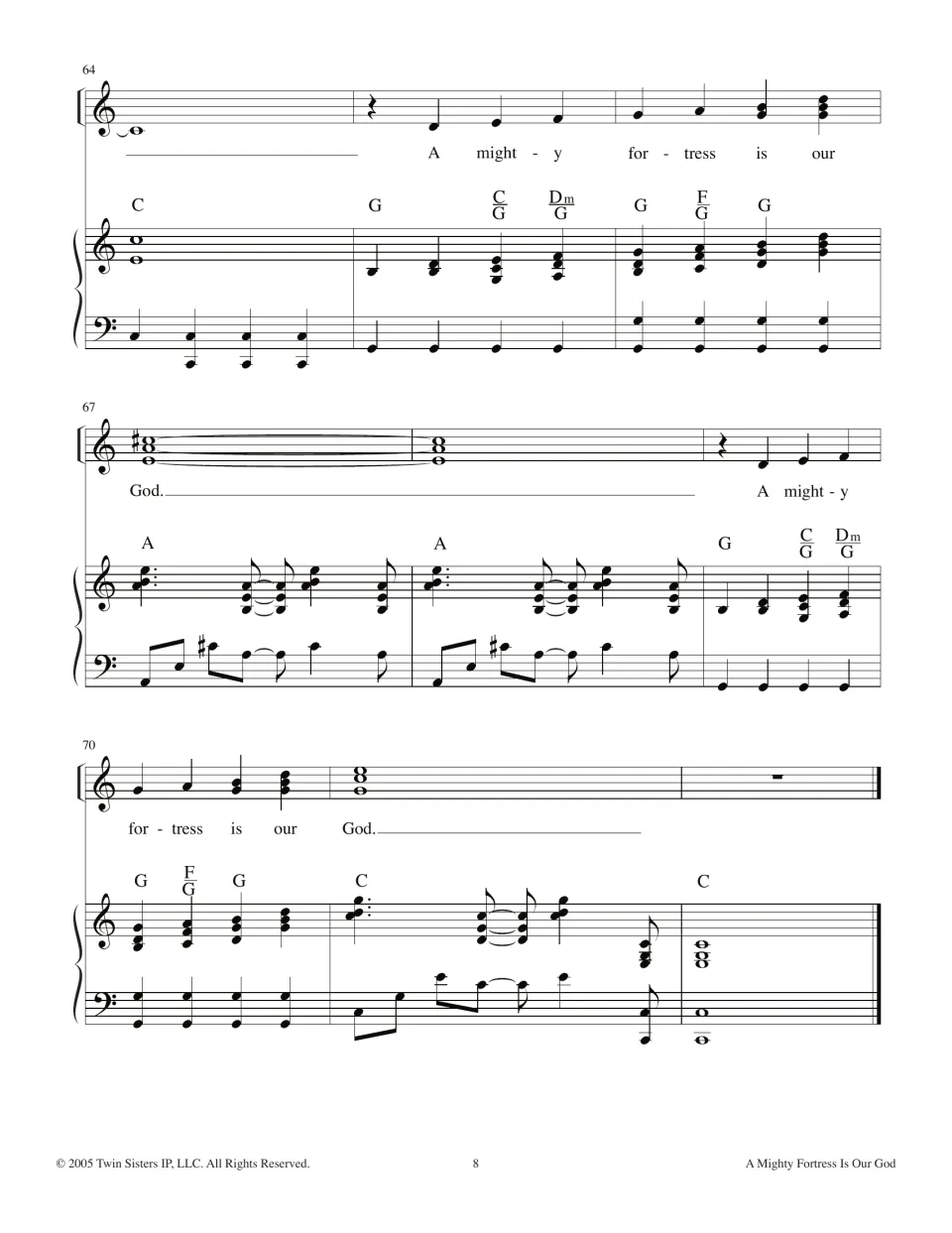 Final bars 64-72: the closing tag 'A mighty fortress' is sung twice over G and A chords, ending on a held C chord
