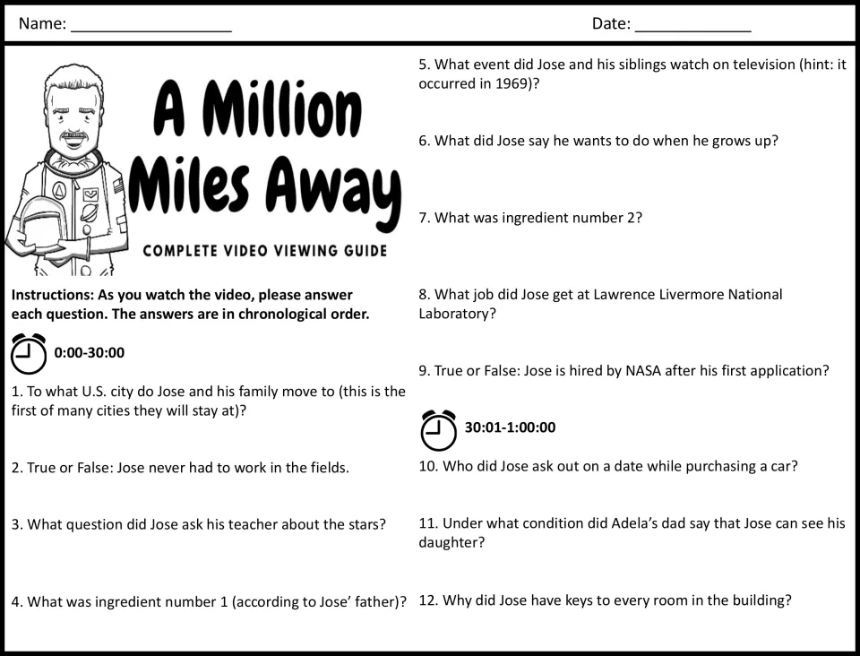 Movie viewing guide questions 1-12, 0:00 to 1:00:00: students recall Jose's childhood, family moves and first NASA try