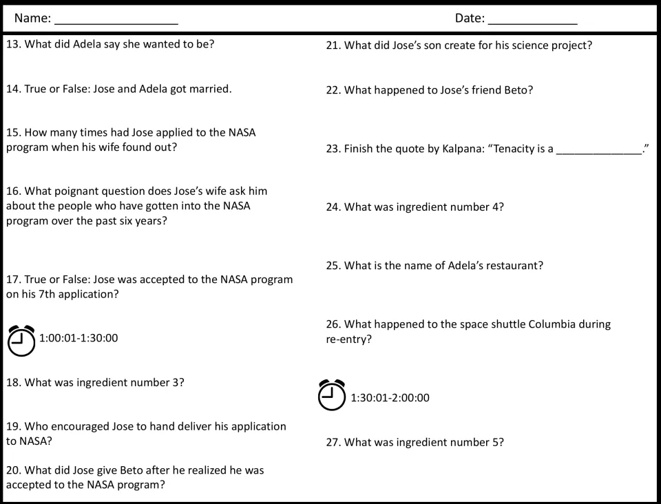 Film recall questions 13-27, 1:00:01 to 2:00:00: students answer items on Jose's NASA applications, Adela and Columbia