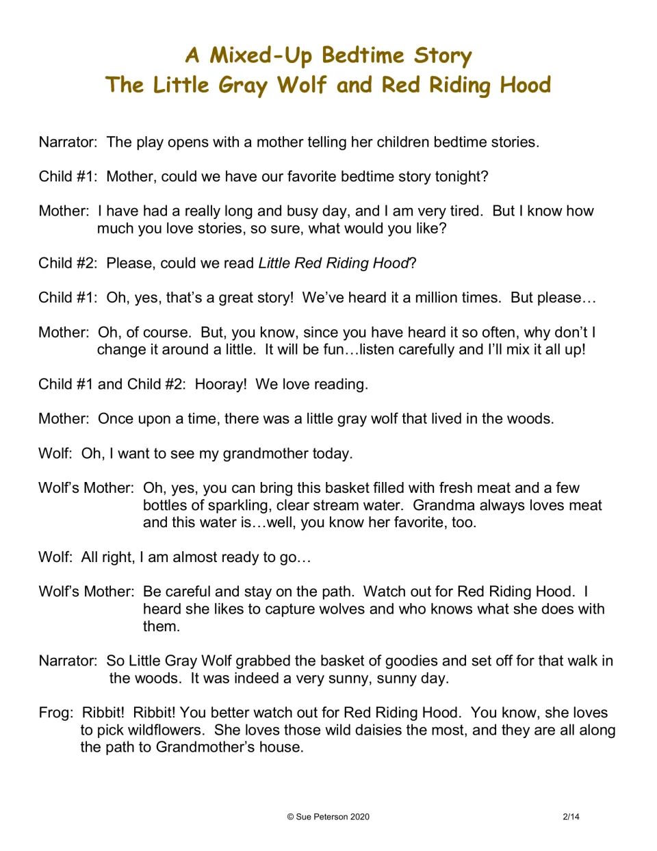 Play script opening: a mother offers to mix up Little Red Riding Hood, and Wolf sets off with a basket as Frog warns him