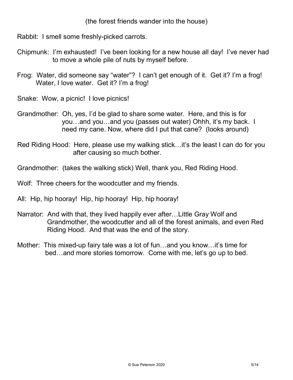 Play script ending: forest animals join Grandmother's party, all cheer Hip, hip hooray, and Mother calls bedtime