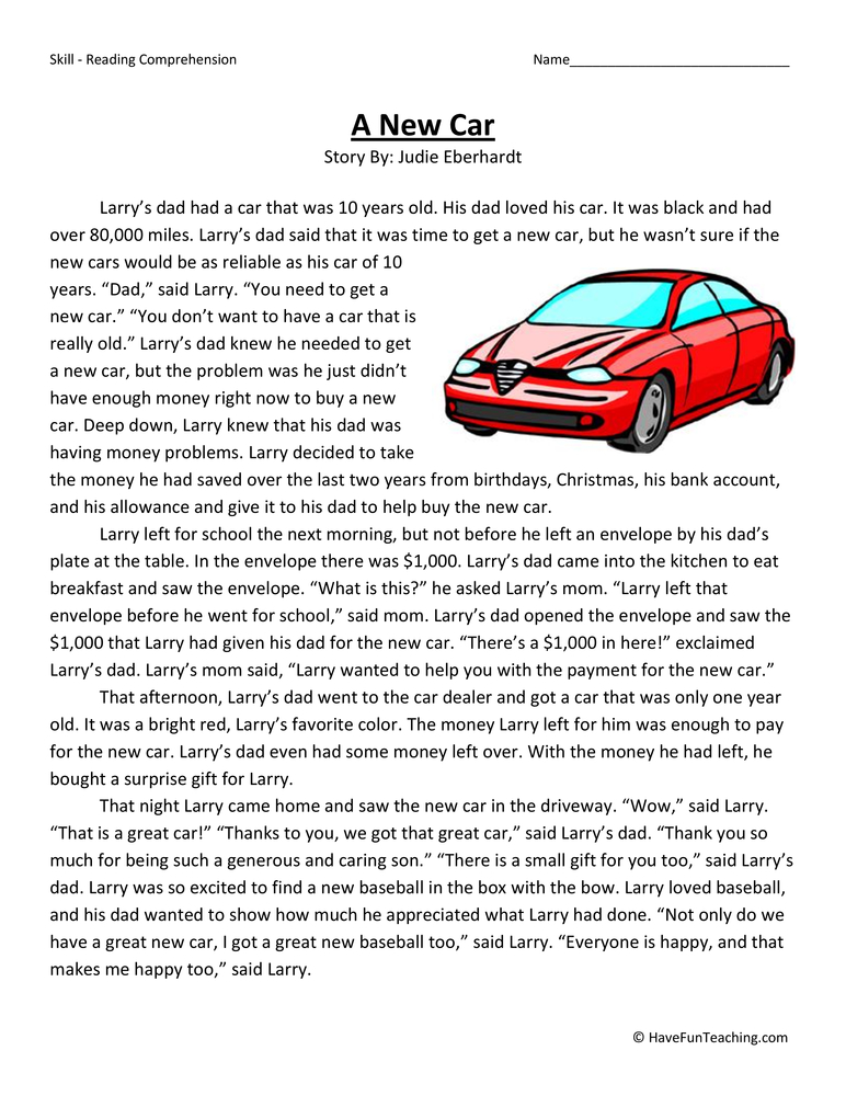 A New Car Reading Comprehension Worksheet teaching resource preview