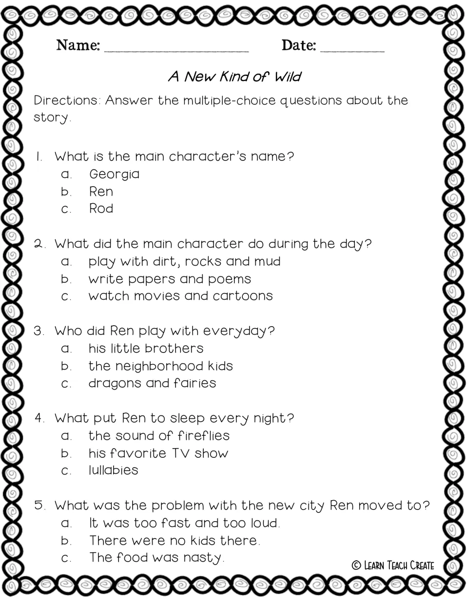 Comprehension questions 1–5 ask about Ren, his daily play, imaginary companions, sleep, and the new city