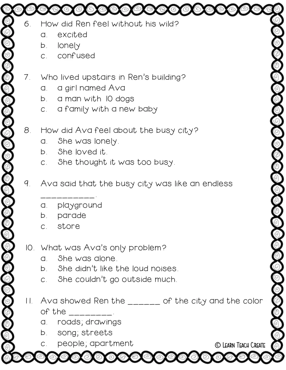 Comprehension questions 6–11 ask about Ren's feelings, Ava, and how she describes life in the busy city