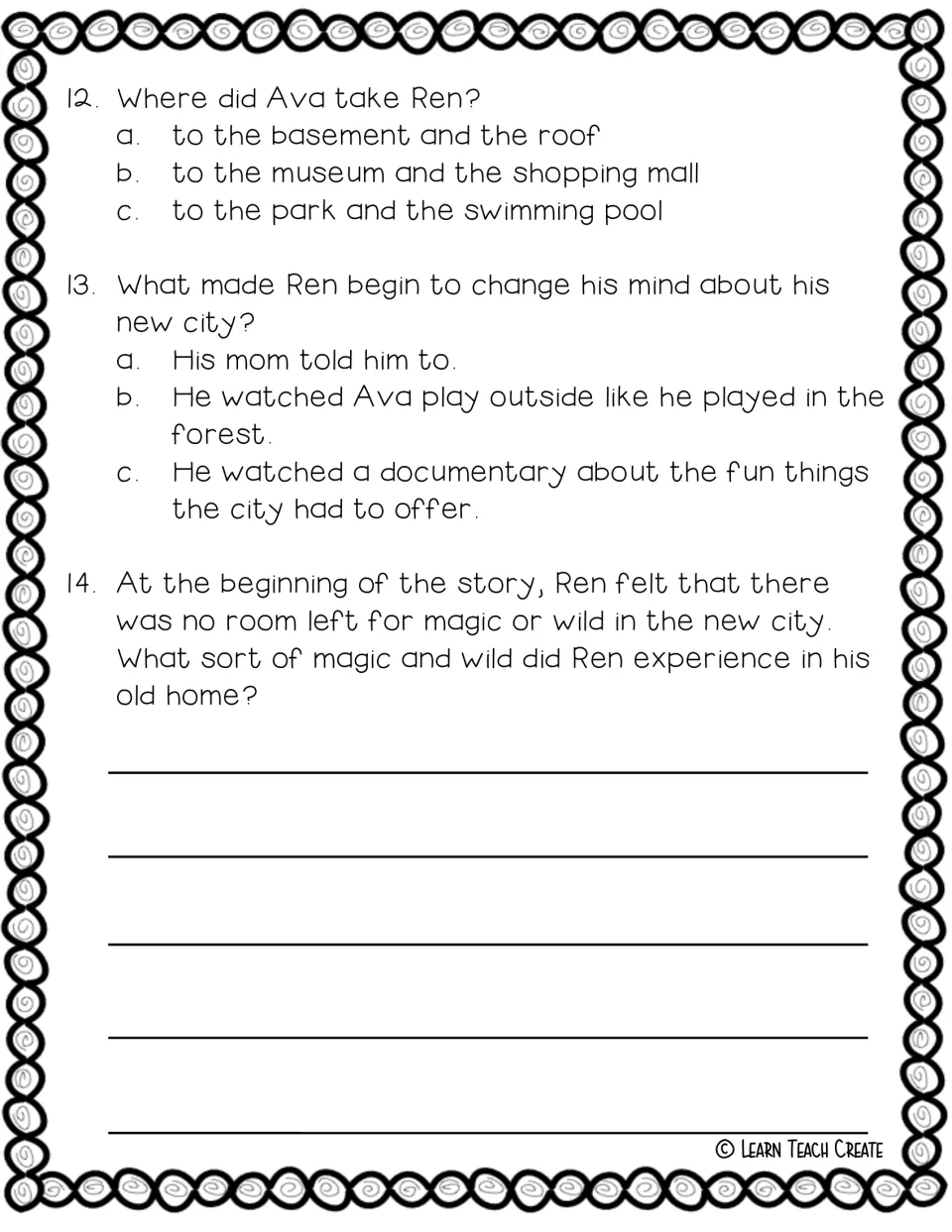 Comprehension questions 12–14 ask where Ava took Ren, why his view changed, and the magic of his old home
