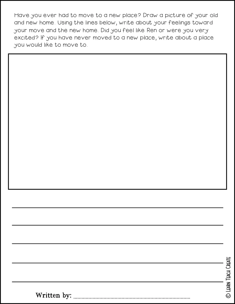Drawing and writing prompt asks about moving, feelings compared with Ren's, or a place students want to move
