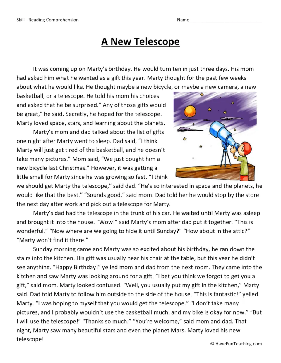 Short story about Marty hoping for a telescope for his birthday; students read it to practise reading comprehension