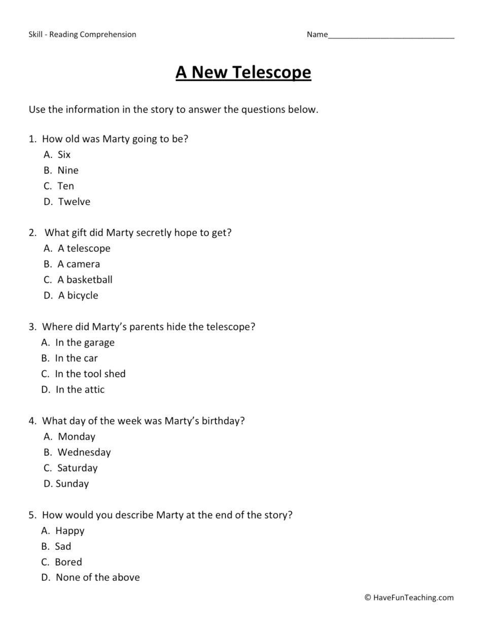 Five multiple-choice questions on the Marty story: students choose answers about his age, gift, hiding place and mood