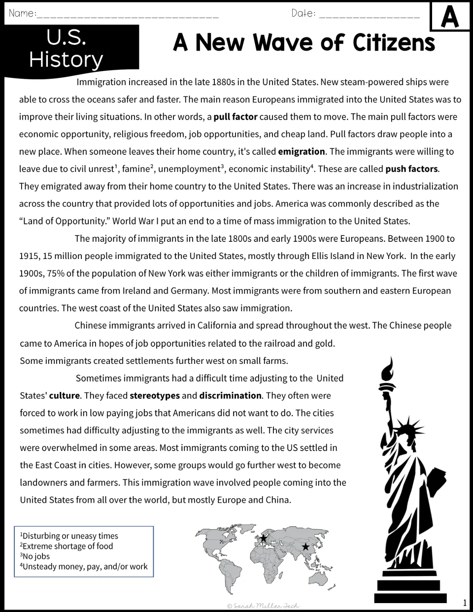 Version A passage about immigration, push and pull factors, European and Chinese immigrants, and discrimination
