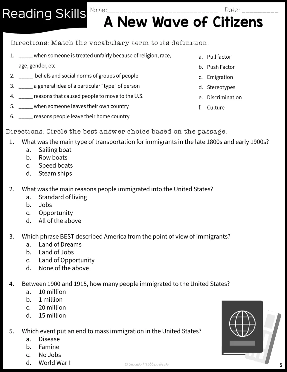 Six vocabulary matches and five questions about steamships, immigration reasons, opportunity, totals, and World War I