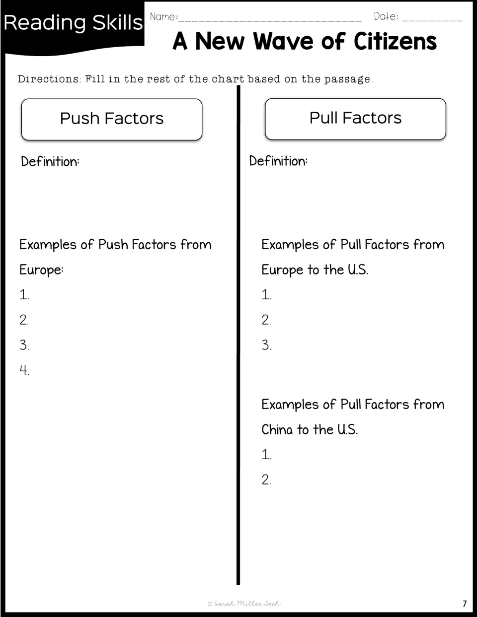 Push and pull factors organizer requesting definitions and examples of immigration factors for Europe and China