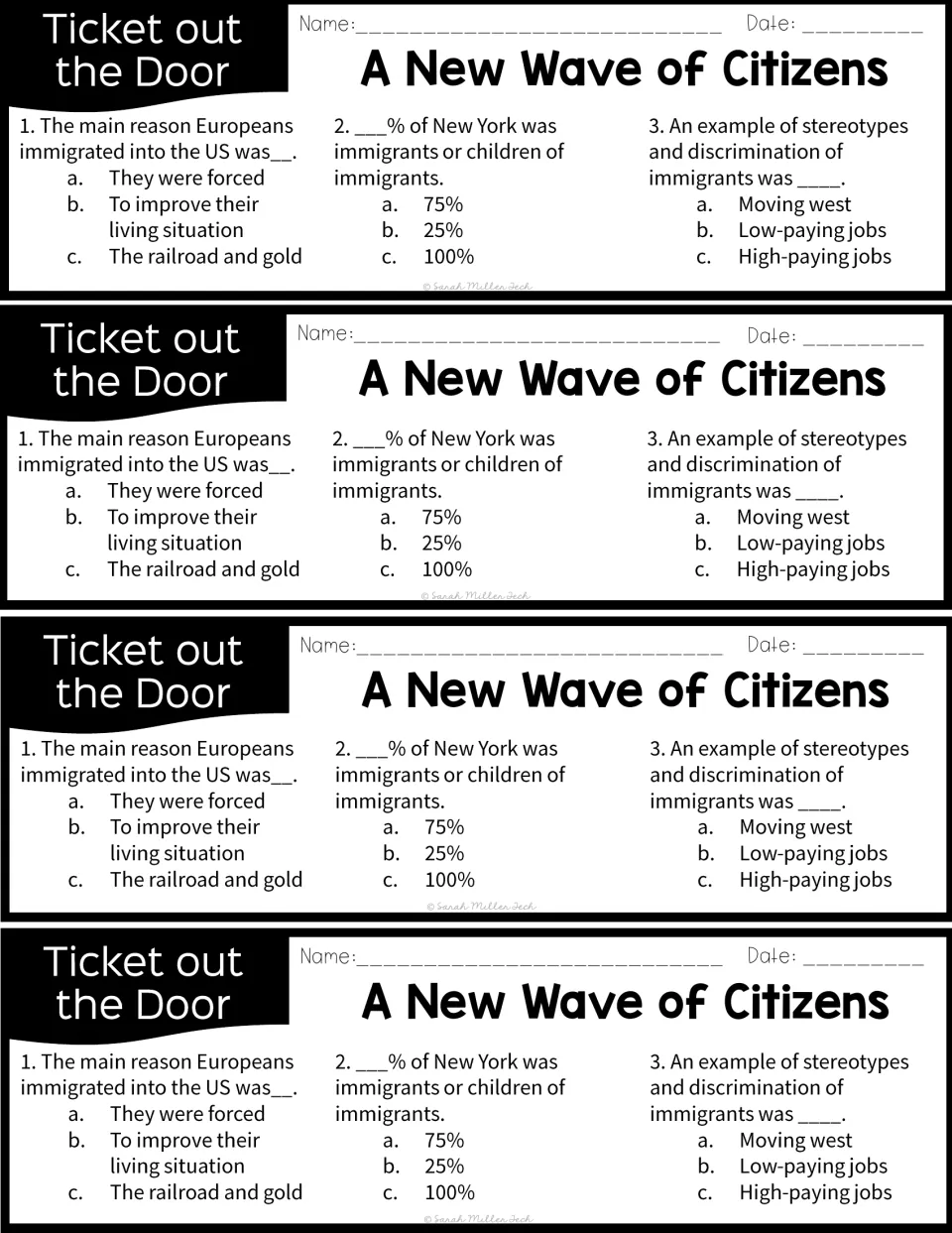 Four identical exit tickets asking about immigration reasons, New York’s population, and low-paying jobs