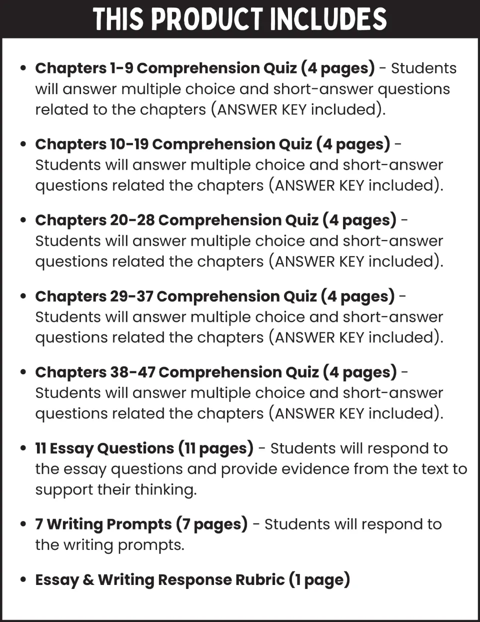 Contents list: five chapter comprehension quizzes with answer keys, 11 essay questions, 7 writing prompts and a rubric