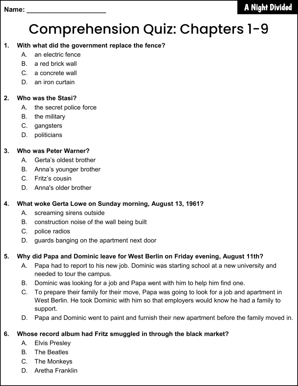 Chapters 1-9 quiz: students answer multiple-choice questions on the fence, the Stasi, Peter Warner and Papa leaving