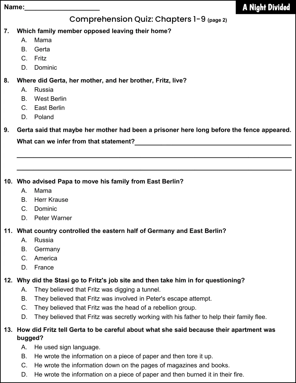 Chapters 1-9 quiz, page 2: multiple-choice items on Fritz and the Stasi plus an inference question about Gerta's mother