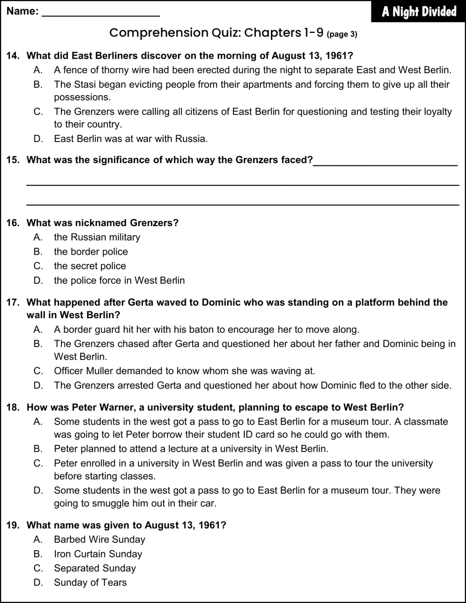 Chapters 1-9 quiz, page 3: August 13, 1961 events, who the Grenzers were, and why their facing direction matters
