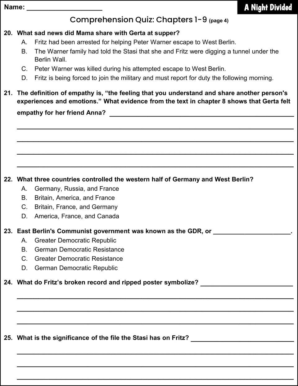 Chapters 1-9 quiz, page 4: short answers on empathy, symbolism of Fritz's broken record and his Stasi file, plus GDR recall