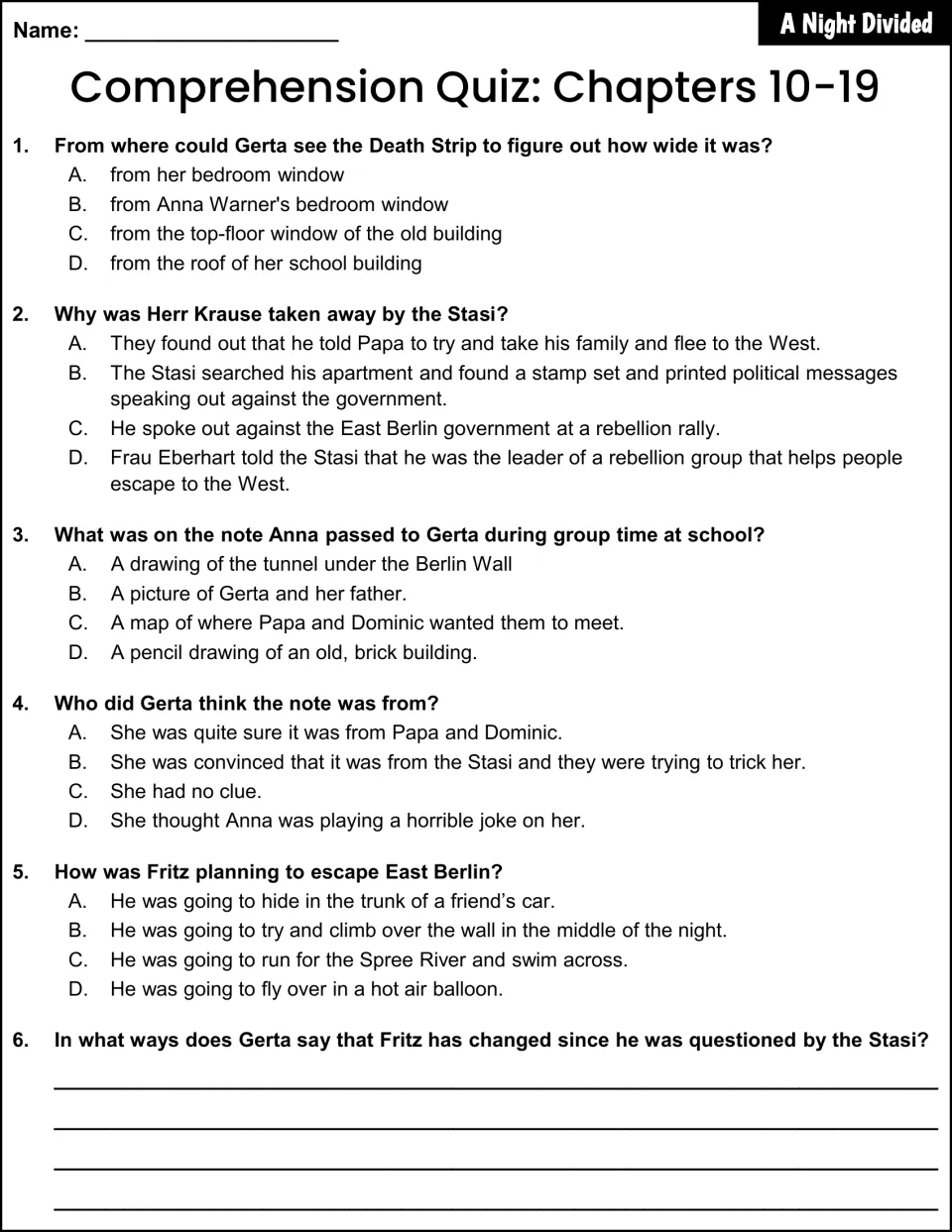Chapters 10-19 quiz: students recall the Death Strip, Herr Krause's arrest, Anna's note and Fritz's escape plan