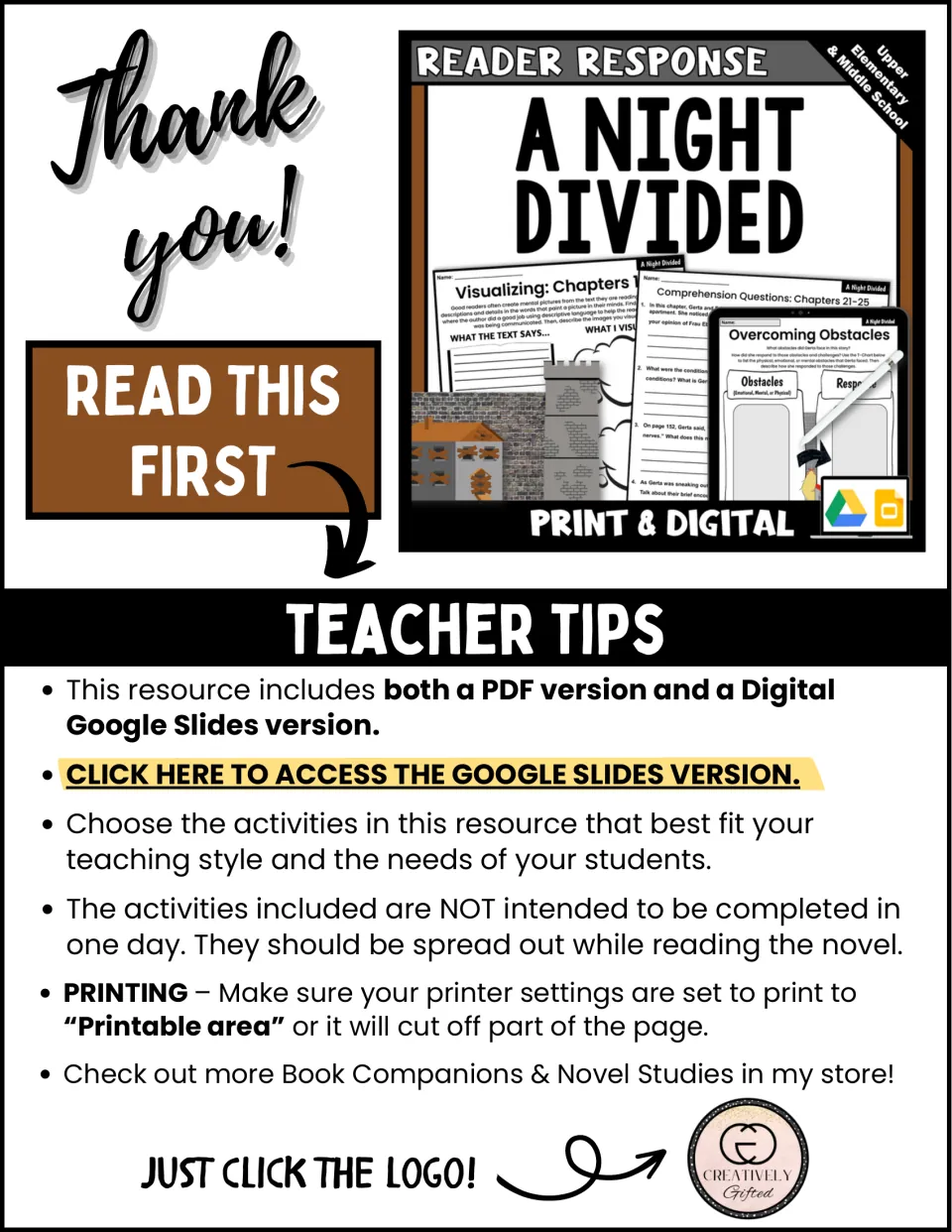 Teacher tips for the novel study explain PDF and Google Slides formats, activity pacing, and printing.