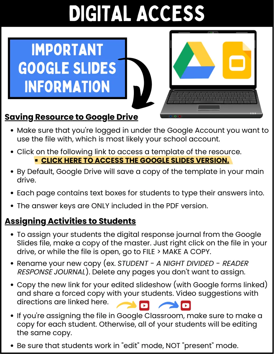 Digital access directions explain saving the novel study in Google Drive and assigning student copies.
