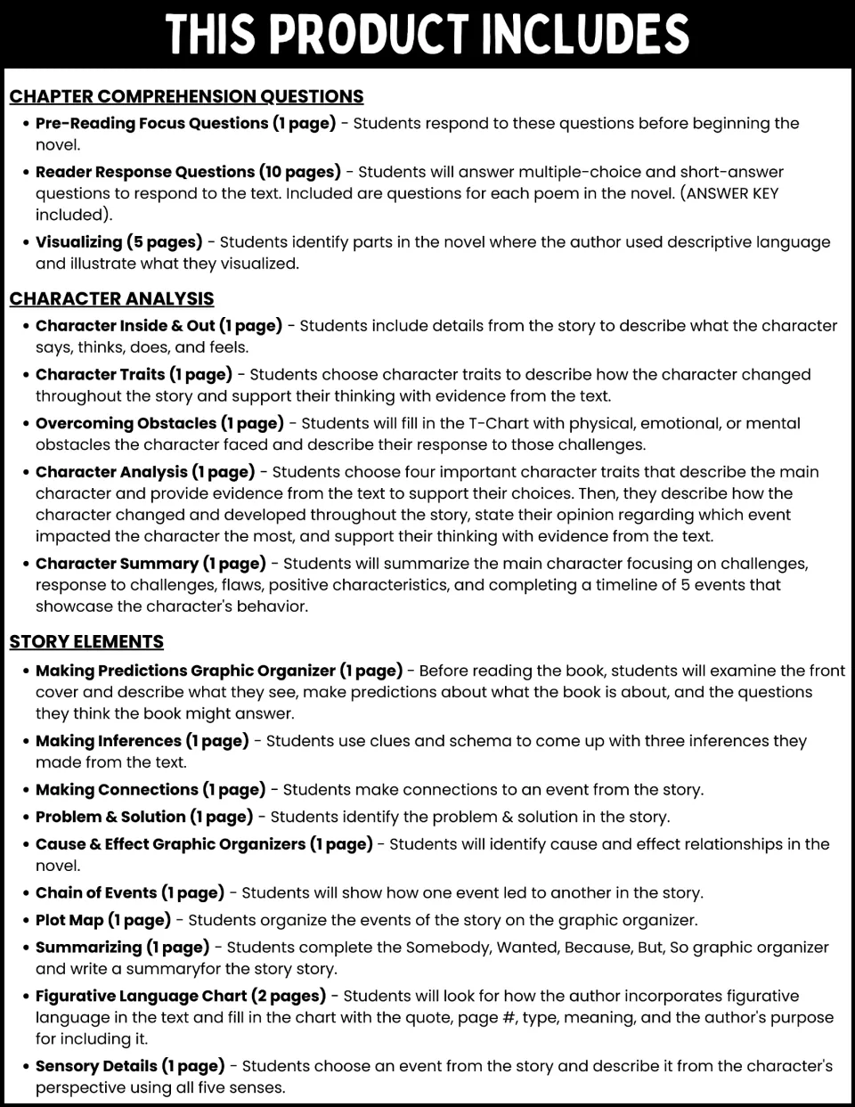 Novel study contents list comprehension questions, five character analysis pages, and story organizers.