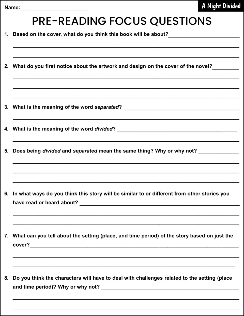 Eight pre-reading questions explore the novel's cover, setting, predictions, and separated versus divided.