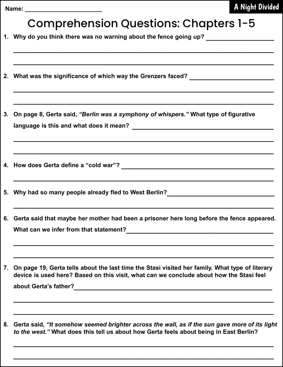 Chapter 1–5 response questions examine the fence, Grenzers, figurative language, the Cold War, and Stasi.