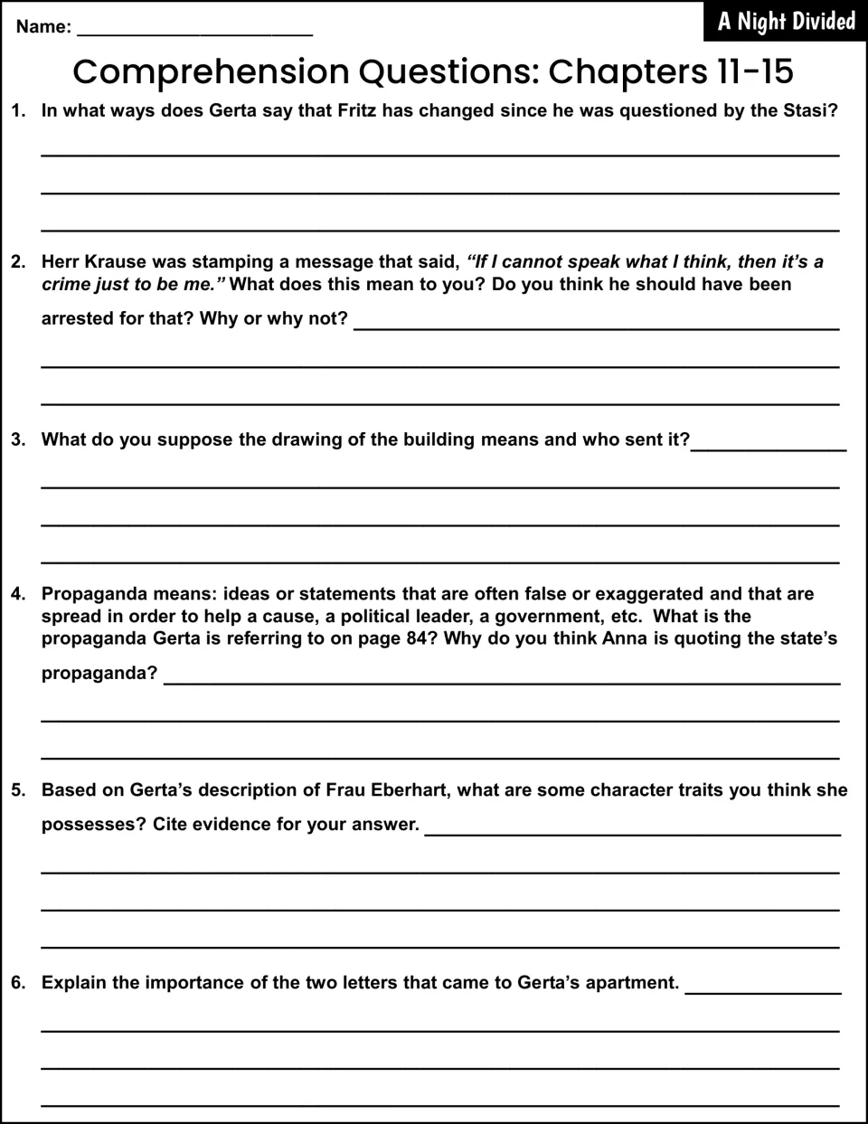 Chapter 11–15 response questions address Fritz's changes, Herr Krause, propaganda, Frau Eberhart, and letters.