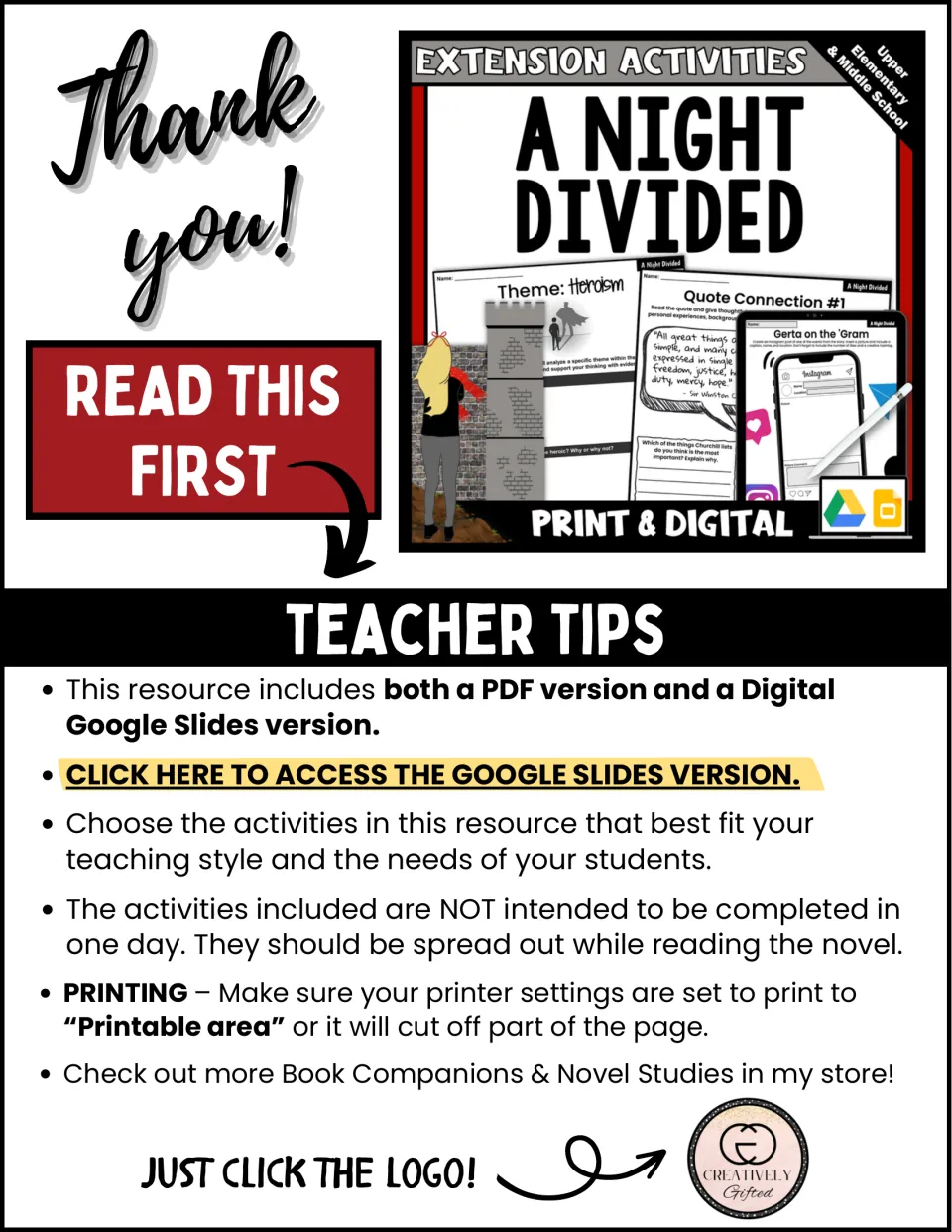 Teacher tips: notes on the PDF and Google Slides versions, spreading activities across the novel, and printer settings