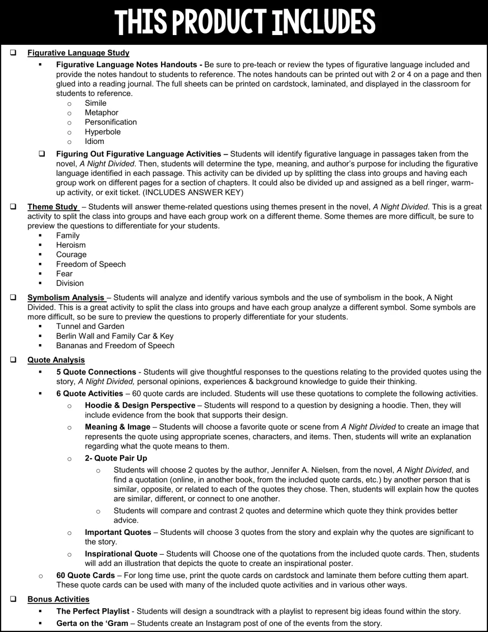 Contents list: figurative language study, theme study, symbolism analysis, quote analysis with 60 quote cards, bonus tasks